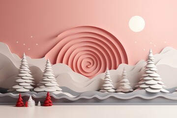  a paper art scene of a snowy landscape with trees and a rainbow in the background with a pink sky and sun in the middle of the scene is cut out of paper.