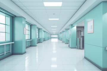 3d render of modern hospital corridor with blue walls and white floor, Empty modern hospital corridor background, Clinic hallway interior, AI Generated