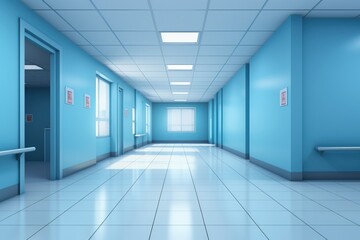 Blue hospital corridor with blue walls and tiled floor, 3d render, Empty modern hospital corridor background, Clinic hallway interior, AI Generated