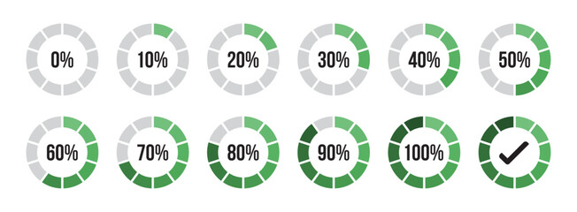 Percentage infographics in green color shades. Circle loading and circle progress collection. Set of circle percentage diagrams for infographics 0 10 20 30 40 50 60 70 80 90 100 percent in green color