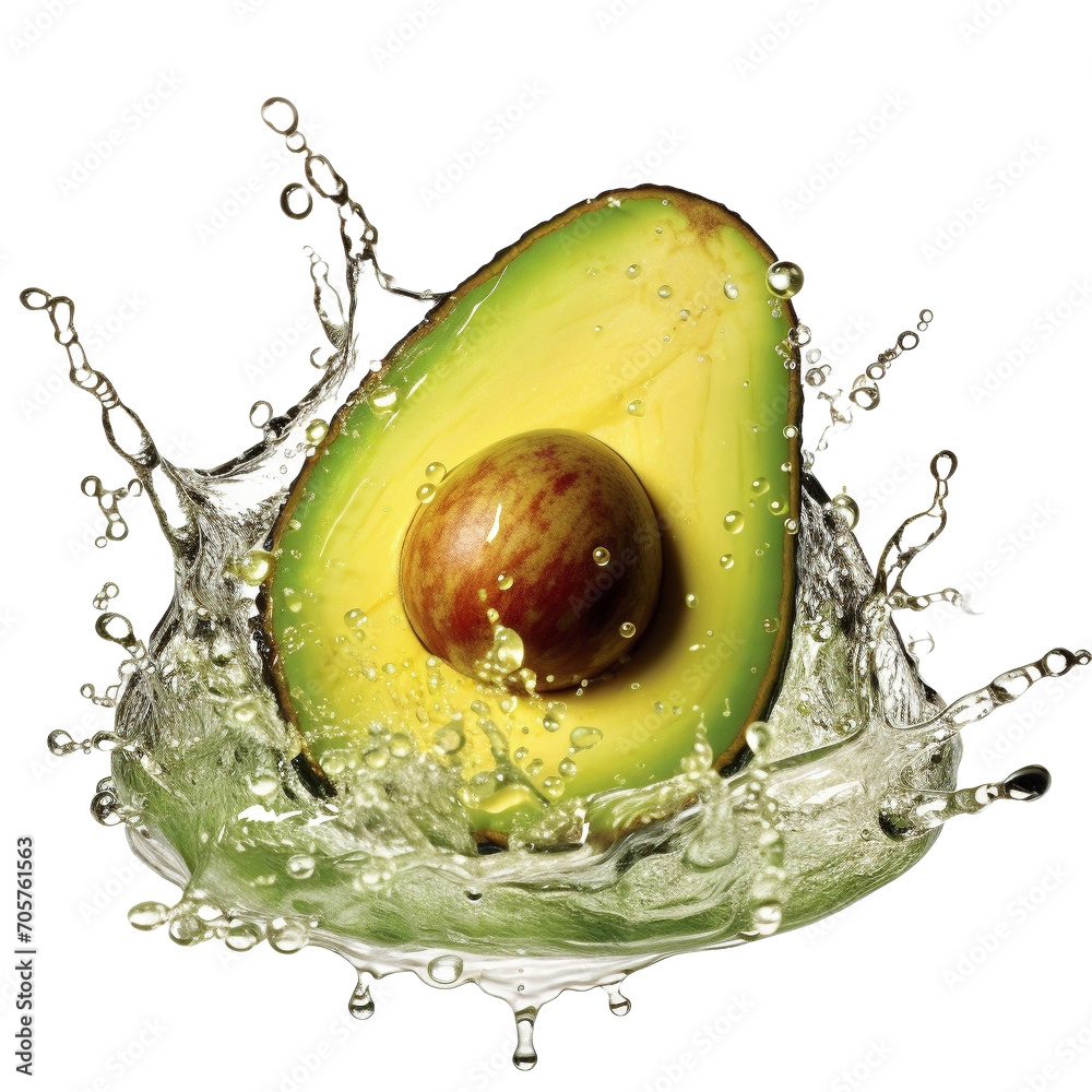 Wall mural avocado with water splash on transparent background