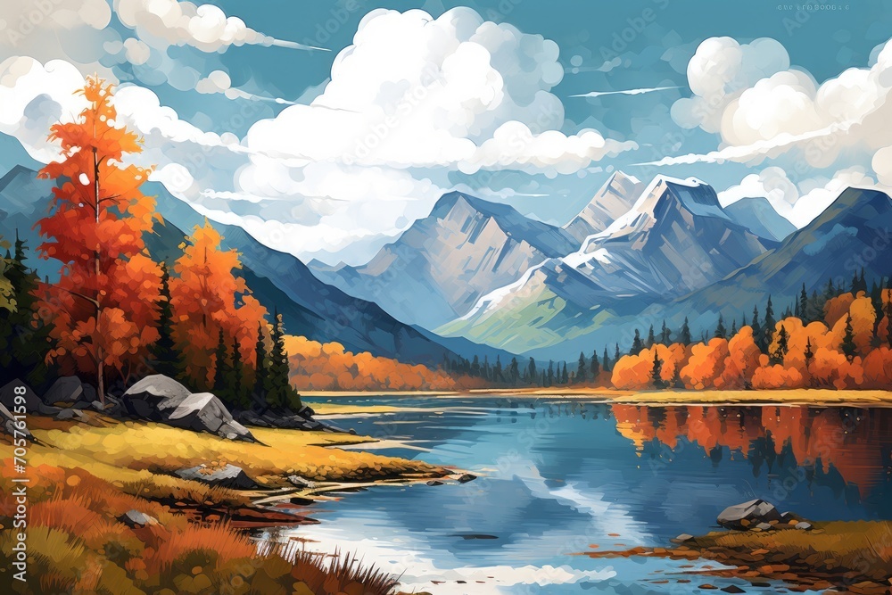 Sticker Beautiful mountain landscape with lake, forest and mountains. Digital painting, Digital painting capturing an autumn landscape with a lake and mountains in the background, AI Generated