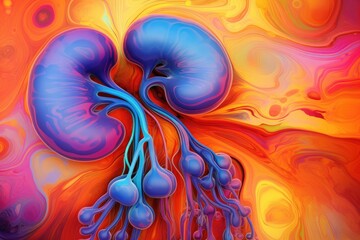 abstract psychedelic liquefaction background - blue, orange and yellow, Digital illustration depicting a human kidney against a colorful background, High-resolution image, AI Generated - Powered by Adobe
