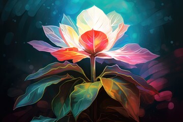 Illustration of a lotus flower on a dark background with bokeh effect, Digital illustration portraying a colorful plant against a background illuminated with lights, AI Generated