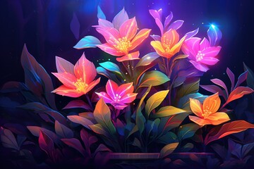 Beautiful floral background with bright flowers. Vector illustration in neon colors, Digital illustration portraying a colorful plant against a background illuminated with lights, AI Generated