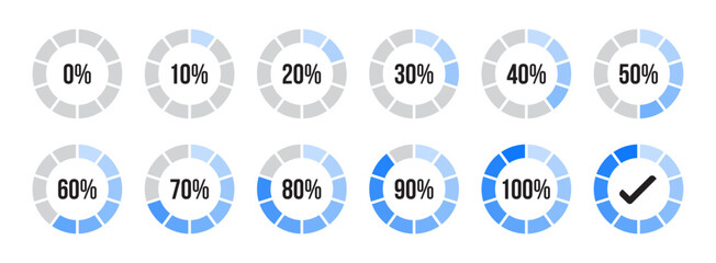 Percentage infographics in blue color shades. Circle loading and circle progress collection. Set of circle percentage diagrams for infographics 0 10 20 30 40 50 60 70 80 90 100 percent in blue color