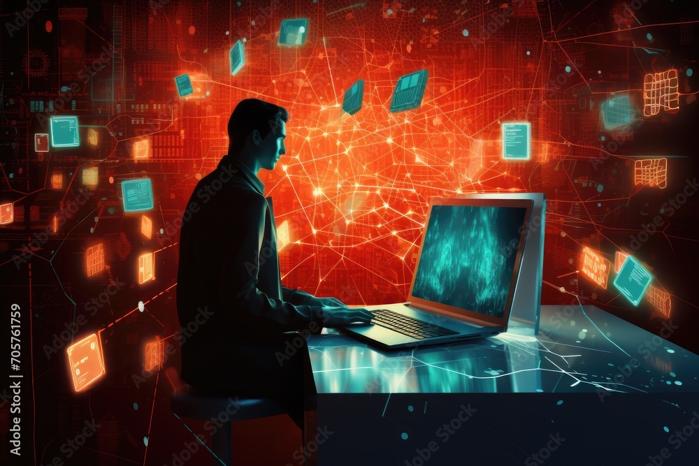 Poster silhouette of a hacker stealing information from a laptop. 3d rendering, ensure secure commerce with