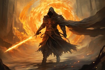 Fantasy scene with a fantasy warrior with a sword in fire, Encounter the Masked Flame Guardian, a fearless warrior wielding a blazing sword, standing against the forces of darkness, AI Generated