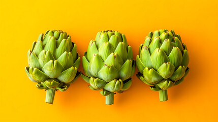 Obraz premium Fresh Artichoke on yellow background. Raw Artishokes closeup