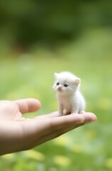 A tiny kitten sits on a person's hand - ai generated