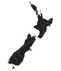 New Zealand map. Map of New Zealand in administrative provinces in black color - obrazy, fototapety, plakaty