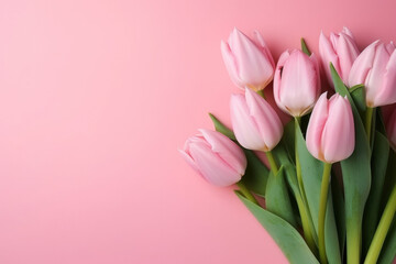 Bouquet of pink Tulips on a pink background with space for your text