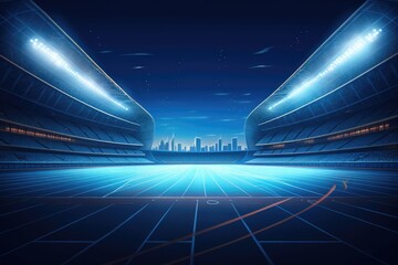 Football stadium in futuristic style with neon lights. Vector illustration EPS10, Empty stadium illustration with running track under spotlight at night, AI Generated