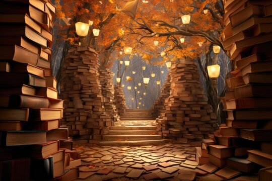 Halloween background with old books and falling leaves. 3d rendering, Enter a whimsical literary wonderland where floating books create enchanting pathways of words and ideas, AI Generated