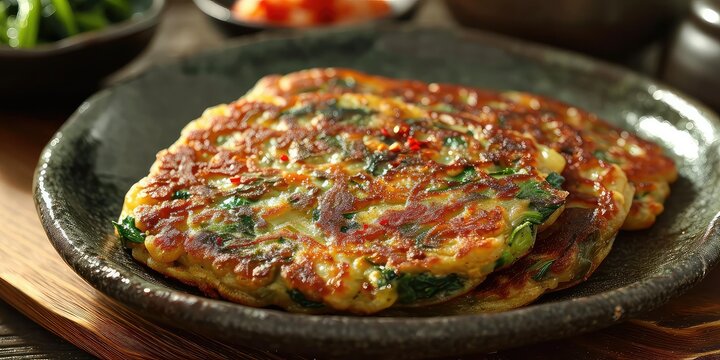 Kkaennip-jeon: A traditional Korean scene with perilla leaf pancakes - Crunchy Perilla Leaf Pancake Pleasure - Soft, natural lighting to showcase the crispy and flavorful nature of these traditional