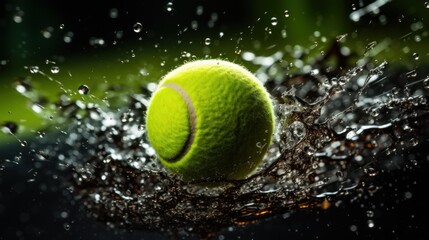 Tennis ball in motion with water drops, bouncing on green sport filed over dark background. Sport, wallpaper, tournament