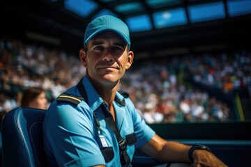Man in blue uniform and cap sitting around tribunes, commentator working during tennis match, commenting game.