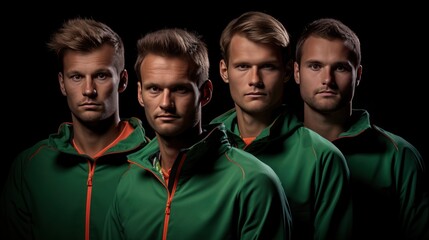 Young men in green uniform, team standing over dark background. Champions, winners.