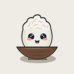 rice mascot character in a cup, with a wooden bowl container. vector illustration