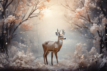 New Year, Christmas winter card: young deer in a snowy forest.