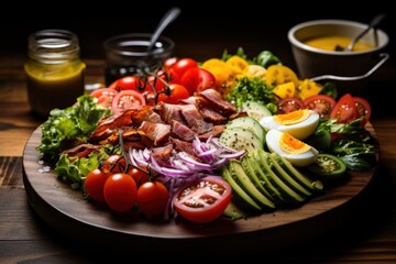  a close up of a plate of food with tomatoes, avocado, eggs, bacon, tomatoes, and lettuce on a wooden table with a cup of mustard.