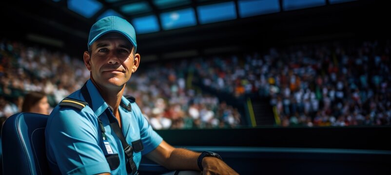 Man in blue uniform and cap sitting around tribunes, commentator working during tennis match, commenting game.