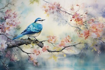  a painting of a blue bird perched on a branch of a tree with pink flowers in the foreground and a body of water in the background with a bridge in the background.
