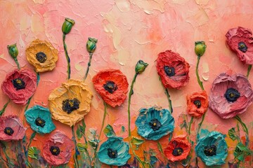 Banner with an impasto-style dance of poppy flowers in a meadow, using textured strokes and vibrant hues to convey a sense of movement and playfulness