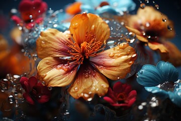  a close up of a bunch of flowers with drops of water on the petals and the petals on the petals are blue, yellow, red, orange, and red.
