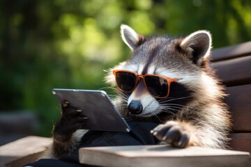 Raccoon in glasses sitting on a bench and looking at a tablet, summer weather, raccoon reading, smart animal, pet