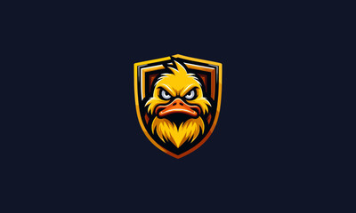 head duck angry with shield vector logo design