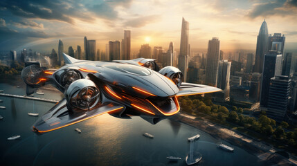 Flying taxi or Car-drone above city and river - obrazy, fototapety, plakaty