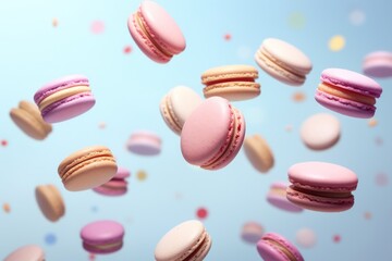  a group of macaroons flying in the air with confetti on the ground in the foreground and confetti on the ground in the background.