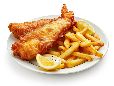 A plate of fish and chips isolated on white background. Minimalist style.