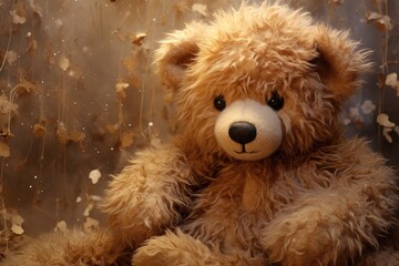 A brown teddy bear rests on top of a wooden floor, adding a touch of warmth and nostalgia to the room., A soft and plushy texture of a teddy bear, AI Generated