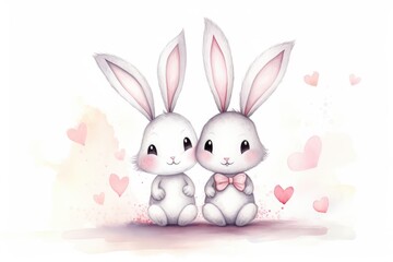 Two Adorable Cartoon Rabbits Surrounded by Pink Hearts Illustration