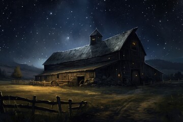 Barn in Field at Night, Serene, Rustic Image of a Lone Structure Illuminated Under the Starry Sky, A silent night in the countryside with countless stars illuminating a barn, AI Generated