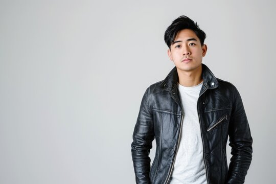 Urban hipster portrait of an Asian man, trendy fashion, white background