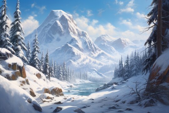 This image depicts a breathtaking snowy mountain landscape captured through a beautiful painting., A snowy mountainous landscape with pine trees, AI Generated