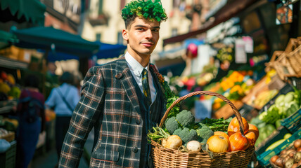 Veganer Leben. Ein Mann mit grünen Haaren kauft Obst und Gemüse auf einem Markt an.