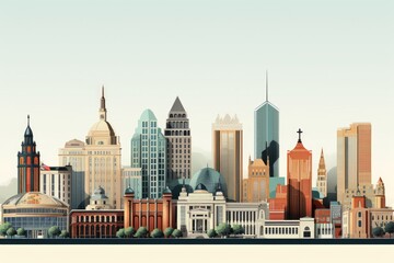 Obraz premium This vibrant artwork showcases a citys urban skyline filled with towering buildings., A skyline featuring modern and classical architectural styles, AI Generated