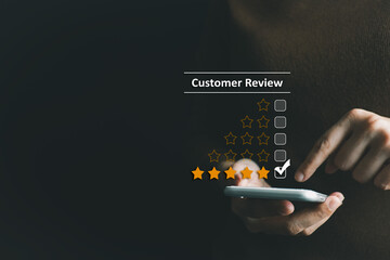 Satisfied customer experience concept, happy business customer using smartphone, the best review,...