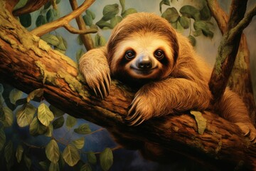 A serene artwork depicting a sloth peacefully perched on a tree branch amidst a lush green forest., A sloth hanging upside down from a tree branch, AI Generated