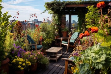 Fototapeta na wymiar A balcony adorned with an array of plants and plenty of chairs for relaxation and enjoyment., A small urban rooftop garden with a variety of plants and flowers, AI Generated