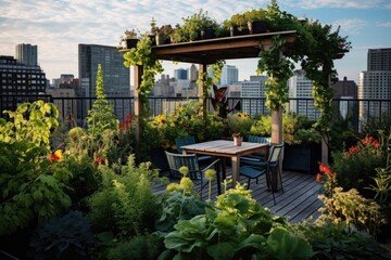 Fototapeta na wymiar This image showcases a wooden deck adorned with plants, featuring a table and chairs for outdoor dining., A small urban rooftop garden with a variety of plants and flowers, AI Generated