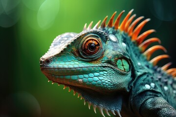 Fototapeta premium Close-Up Portrait of a Green Iguana Displaying Vibrant Colors in a Tropical Habitat