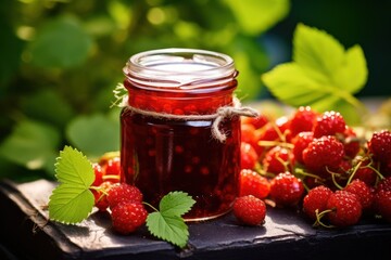  a jar of raspberry jam next to a bunch of raspberries with green leaves on the side of the jar and on the outside of the jar.