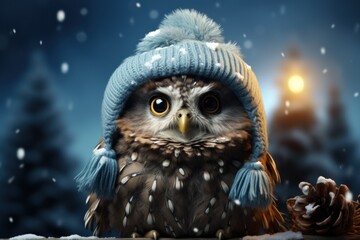  an owl wearing a blue knitted hat with a pine cone in the foreground and a street light in the background, with snow falling on the ground and in the foreground.