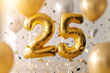 25. Geburtstag, "25" aus goldenen Heliumballons, festlicher Hintergrund