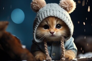  a small kitten wearing a sweater and a knitted hat with pom poms on it's ears, sitting on a log in the snow covered ground.